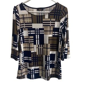 Expresso Top  Womens Small  brown Navy Blue  white 3/4 Sleeve Career